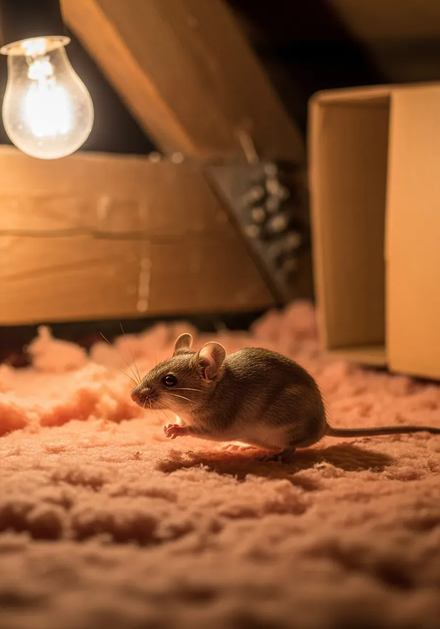 Mouse nesting in attic insulation, a common rodent control call in Asheville homes each winter
