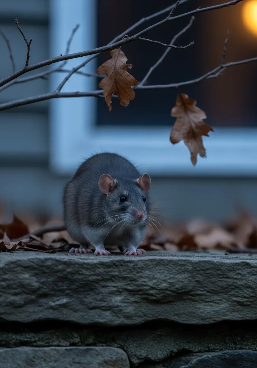 Rat on a stone wall outside a Western NC home on a cold November night