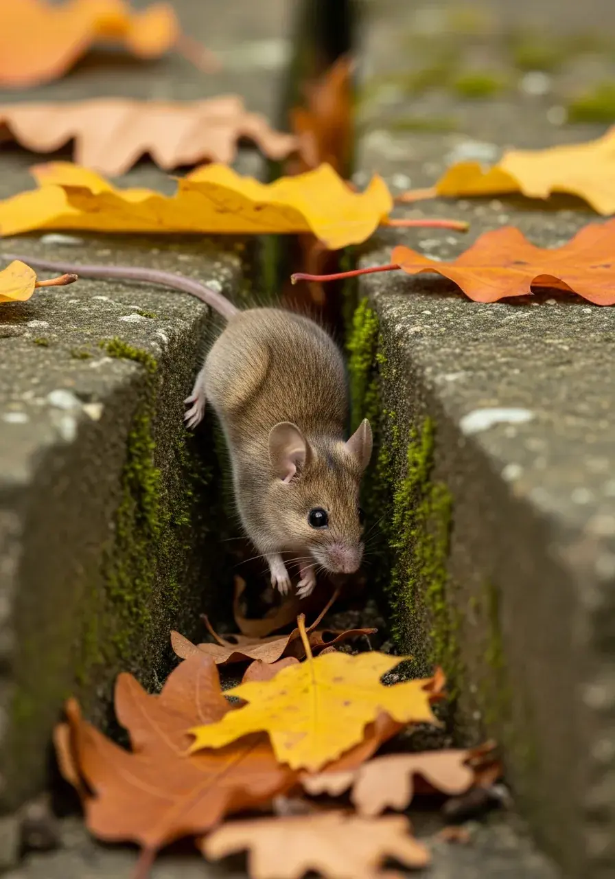 Mouse slipping through a gap in a stone foundation as fall leaves come down in Western NC