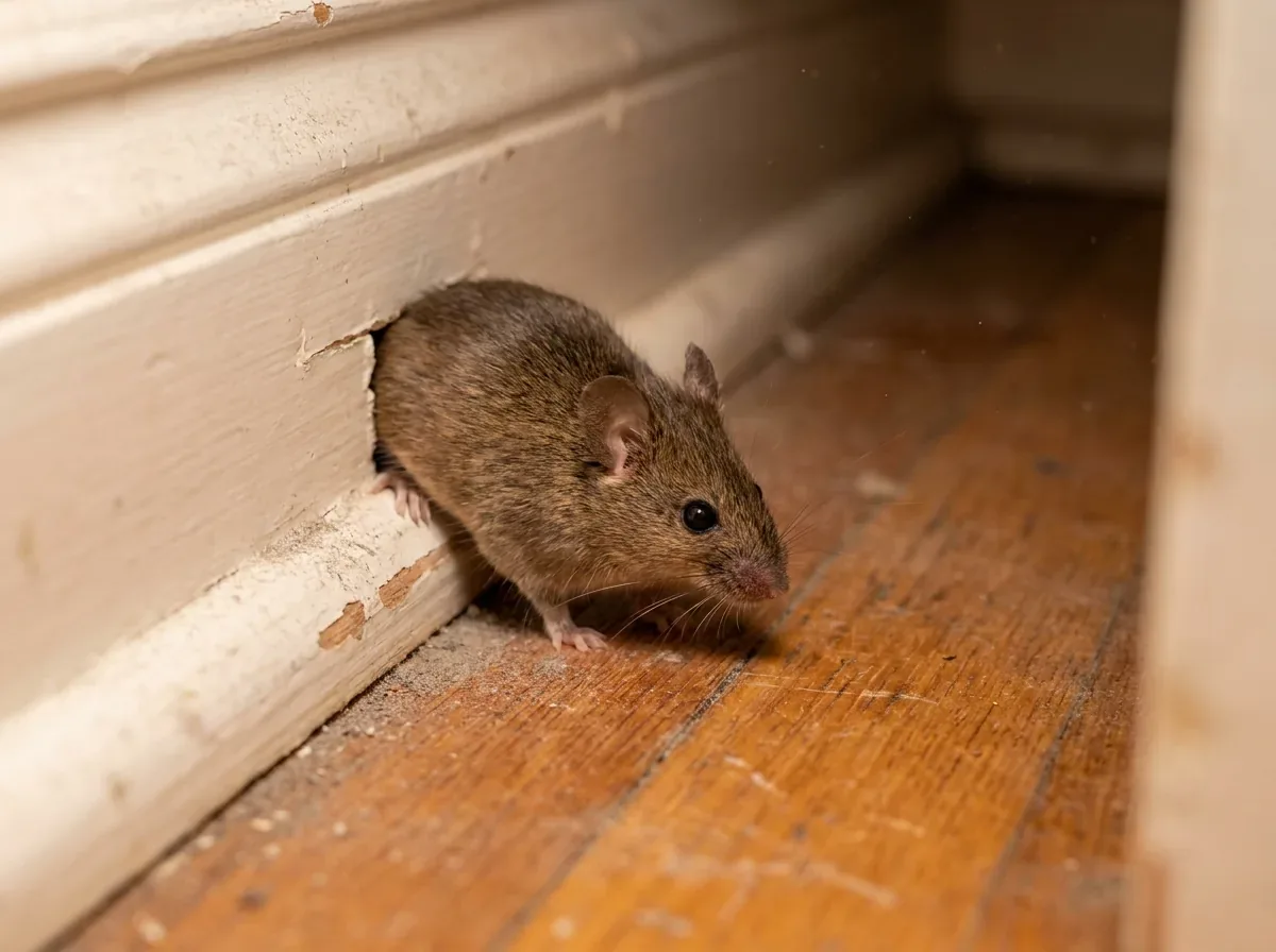 House mouse squeezing out of a chewed gap at the baseboard of a WNC home