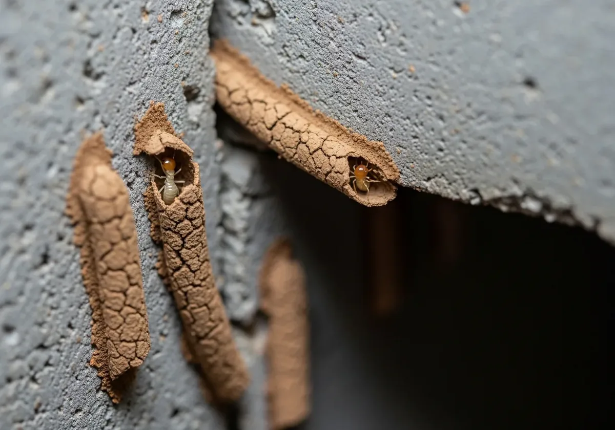 Subterranean termite mud tubes on a Western NC-area home foundation
