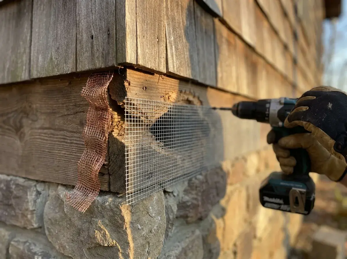 Pest Marshals covering a chewed rodent entry point with hardware cloth at the sill of a Western NC home