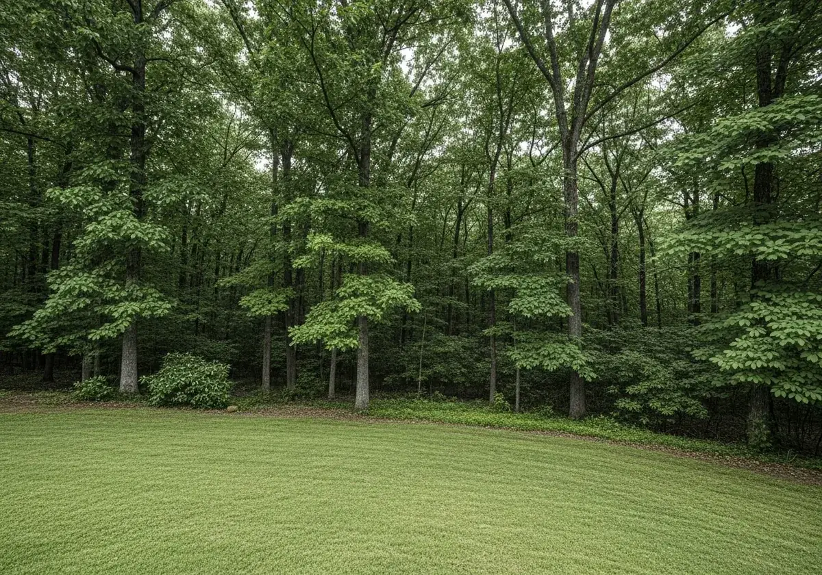 Wooded Western NC backyard backing onto forested mountain land, classic local pest habitat.