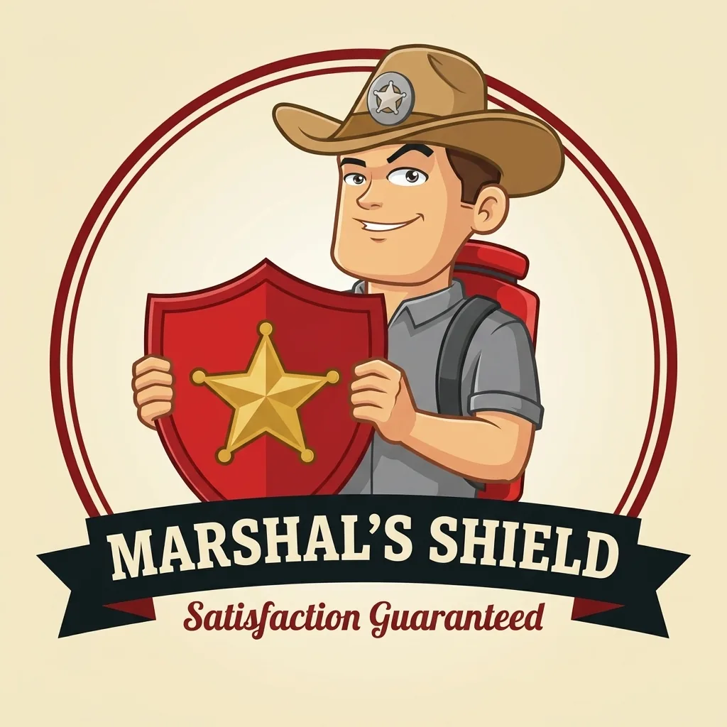 Pest Marshals mascot holding the Marshal's Shield satisfaction guarantee badge