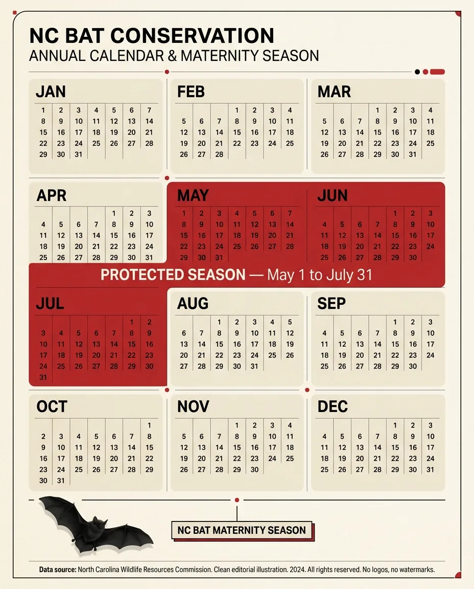 Chart of North Carolina bat maternity season, May 1 to July 31, when bat exclusion is not allowed