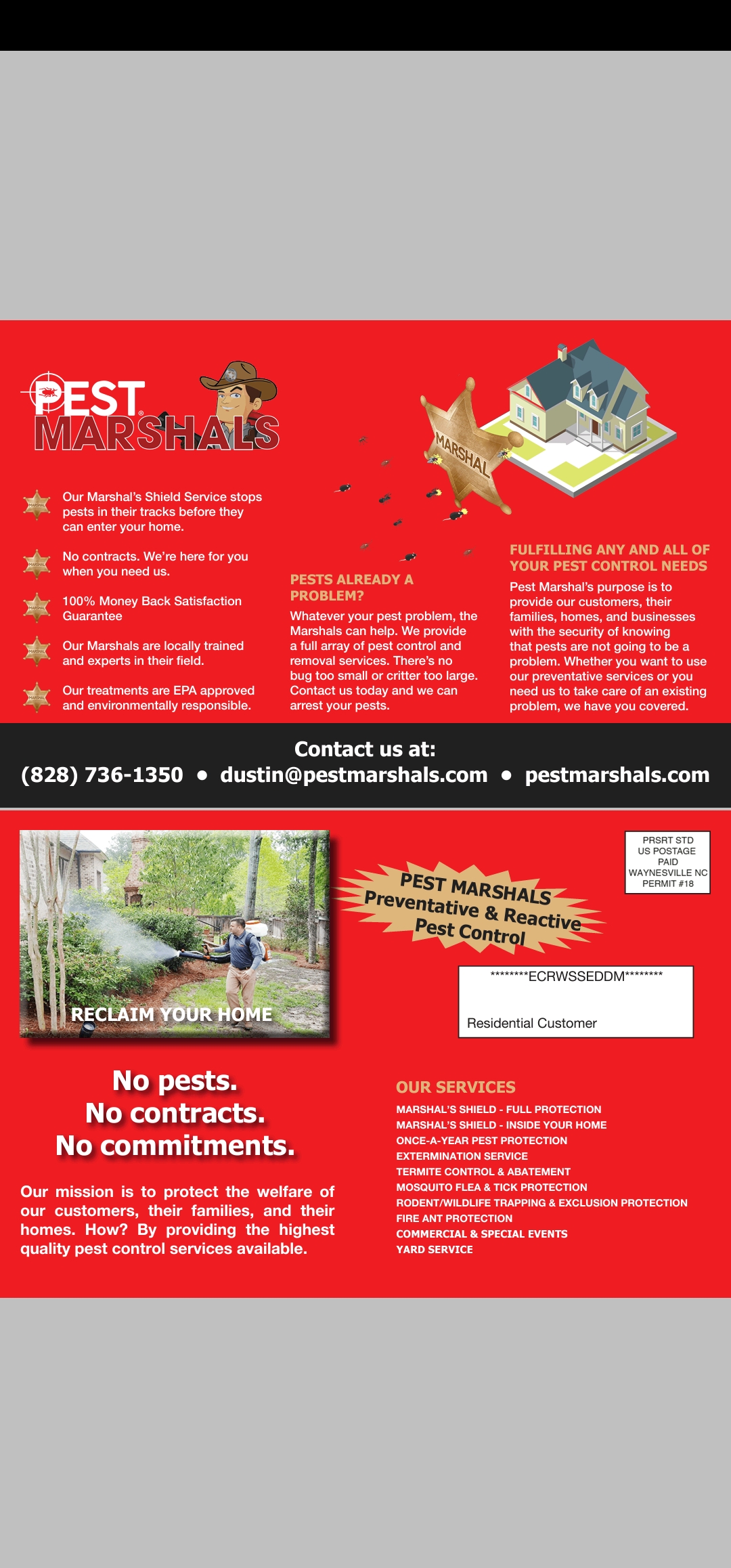 Pest Marshals of WNC mailer — no pests, no contracts, no commitments